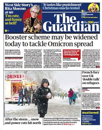 The Guardian Newspaper Front Page (UK) for 29 November 2021