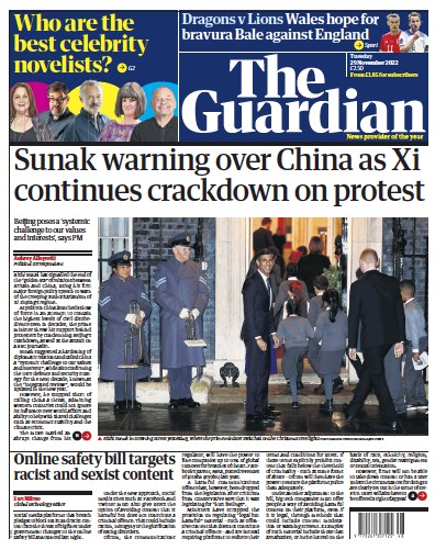 The Guardian Newspaper Front Page (UK) for 29 November 2022