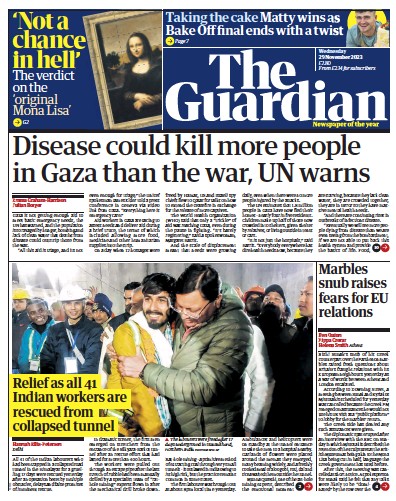 The Guardian Newspaper Front Page (UK) for 29 November 2023