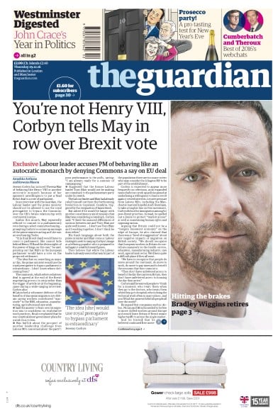 The Guardian Newspaper Front Page (UK) for 29 December 2016