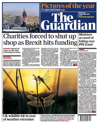 The Guardian Newspaper Front Page (UK) for 29 December 2022