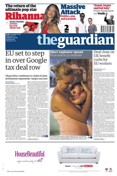 The Guardian Newspaper Front Page (UK) for 29 January 2016