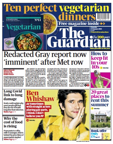 The Guardian Newspaper Front Page (UK) for 29 January 2022