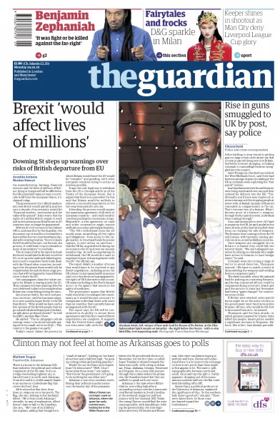 The Guardian Newspaper Front Page (UK) for 29 February 2016