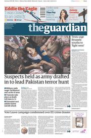 The Guardian (UK) Newspaper Front Page for 29 March 2016