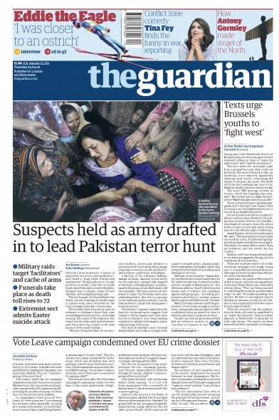 The Guardian Newspaper Front Page (UK) for 29 March 2016
