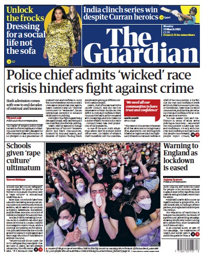 The Guardian Newspaper Front Page (UK) for 29 March 2021
