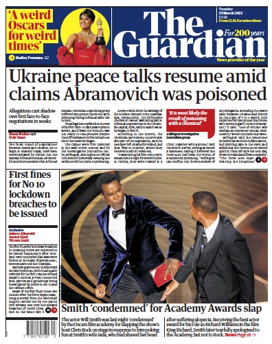 The Guardian Newspaper Front Page (UK) for 29 March 2022