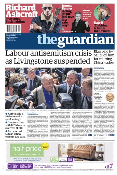 The Guardian Newspaper Front Page (UK) for 29 April 2016