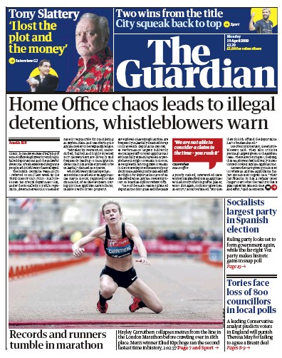 The Guardian Newspaper Front Page (UK) for 29 April 2019