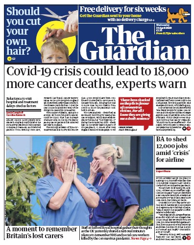 The Guardian Newspaper Front Page (UK) for 29 April 2020