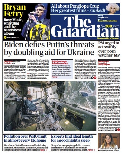 The Guardian Newspaper Front Page (UK) for 29 April 2022