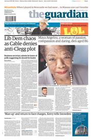 The Guardian Newspaper Front Page (UK) for 29 May 2014