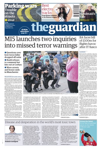 The Guardian Newspaper Front Page (UK) for 29 May 2017