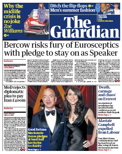 The Guardian Newspaper Front Page (UK) for 29 May 2019