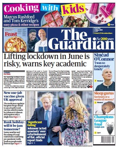 The Guardian Newspaper Front Page (UK) for 29 May 2021