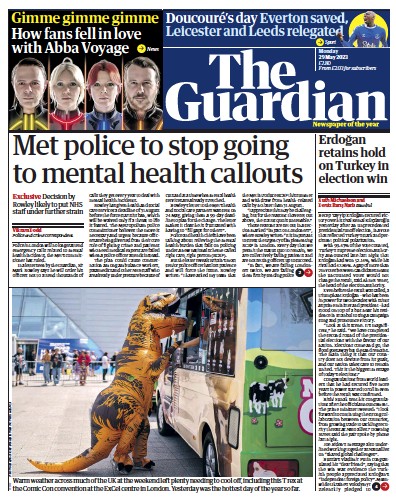 The Guardian Newspaper Front Page (UK) for 29 May 2023