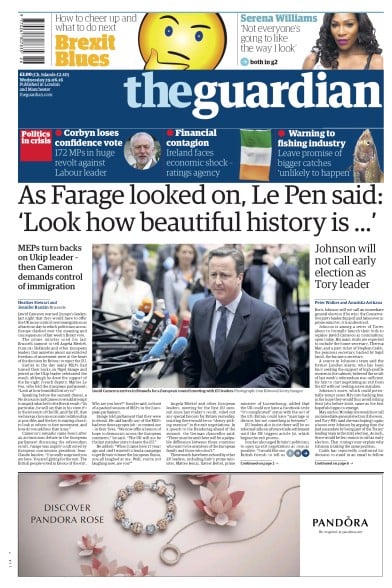The Guardian Newspaper Front Page (UK) for 29 June 2016