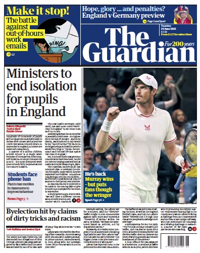 The Guardian Newspaper Front Page (UK) for 29 June 2021