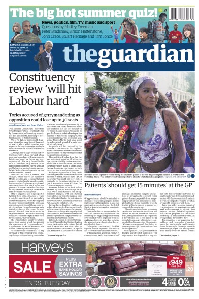The Guardian Newspaper Front Page (UK) for 29 August 2016