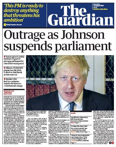 The Guardian Newspaper Front Page (UK) for 29 August 2019