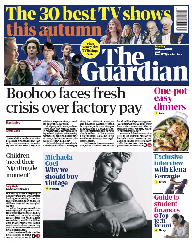The Guardian Newspaper Front Page (UK) for 29 August 2020