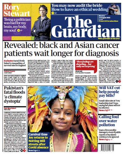 The Guardian Newspaper Front Page (UK) for 29 August 2022