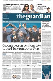 The Guardian (UK) Newspaper Front Page for 29 September 2014