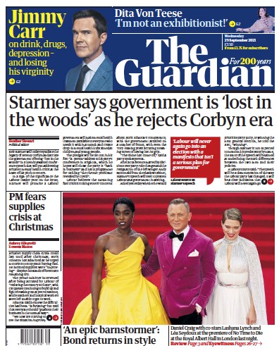 The Guardian Newspaper Front Page (UK) for 29 September 2021