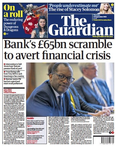 The Guardian Newspaper Front Page (UK) for 29 September 2022