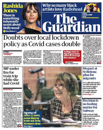 The Guardian Newspaper Front Page (UK) for 2 October 2020