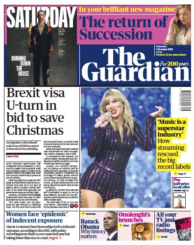 The Guardian Newspaper Front Page (UK) for 2 October 2021