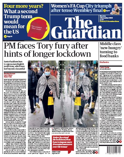 The Guardian Newspaper Front Page (UK) for 2 November 2020