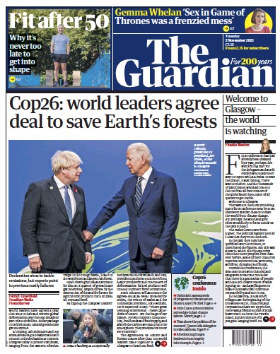 The Guardian Newspaper Front Page (UK) for 2 November 2021
