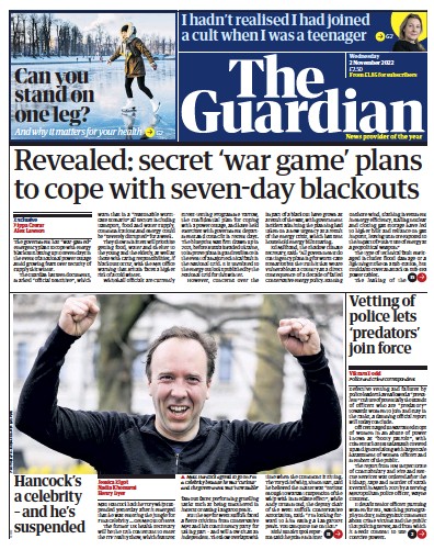 The Guardian Newspaper Front Page (UK) for 2 November 2022