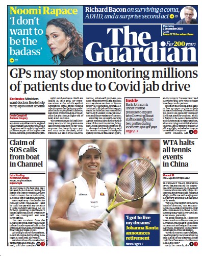 The Guardian Newspaper Front Page (UK) for 2 December 2021