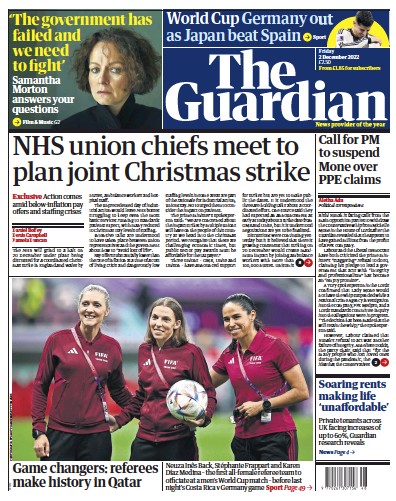 The Guardian Newspaper Front Page (UK) for 2 December 2022