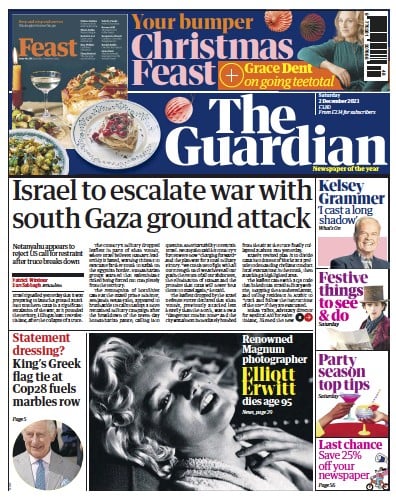 The Guardian Newspaper Front Page (UK) for 2 December 2023
