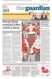 The Guardian Newspaper Front Page (UK) for 2 January 2014