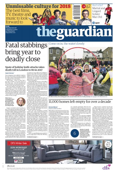 The Guardian Newspaper Front Page (UK) for 2 January 2018