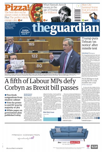 The Guardian Newspaper Front Page (UK) for 2 February 2017