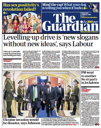 The Guardian Newspaper Front Page (UK) for 2 February 2022