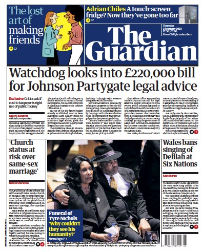 The Guardian Newspaper Front Page (UK) for 2 February 2023