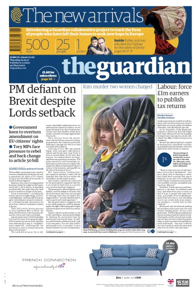 The Guardian Newspaper Front Page (UK) for 2 March 2017