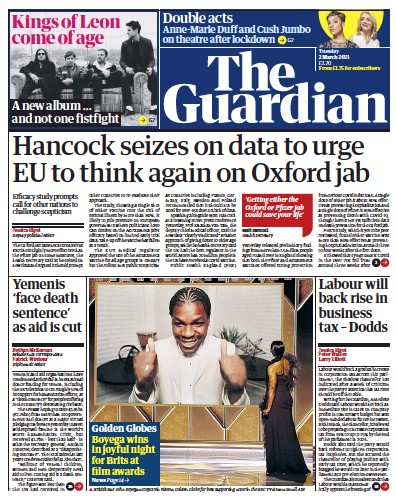The Guardian Newspaper Front Page (UK) for 2 March 2021