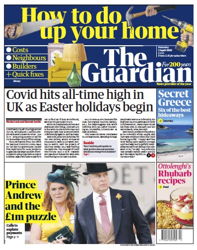 The Guardian Newspaper Front Page (UK) for 2 April 2022