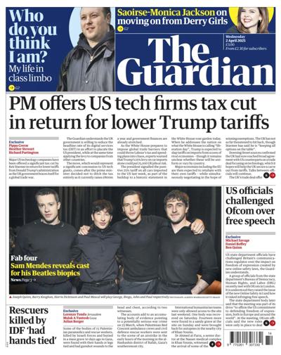 The Guardian Newspaper Front Page (UK) for 2 April 2025
