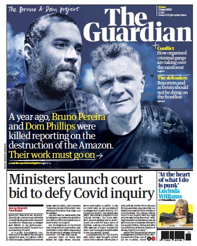 The Guardian Newspaper Front Page (UK) for 2 June 2023