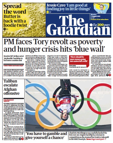 The Guardian Newspaper Front Page (UK) for 2 August 2021