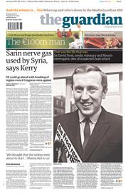 The Guardian (UK) Newspaper Front Page for 2 September 2013